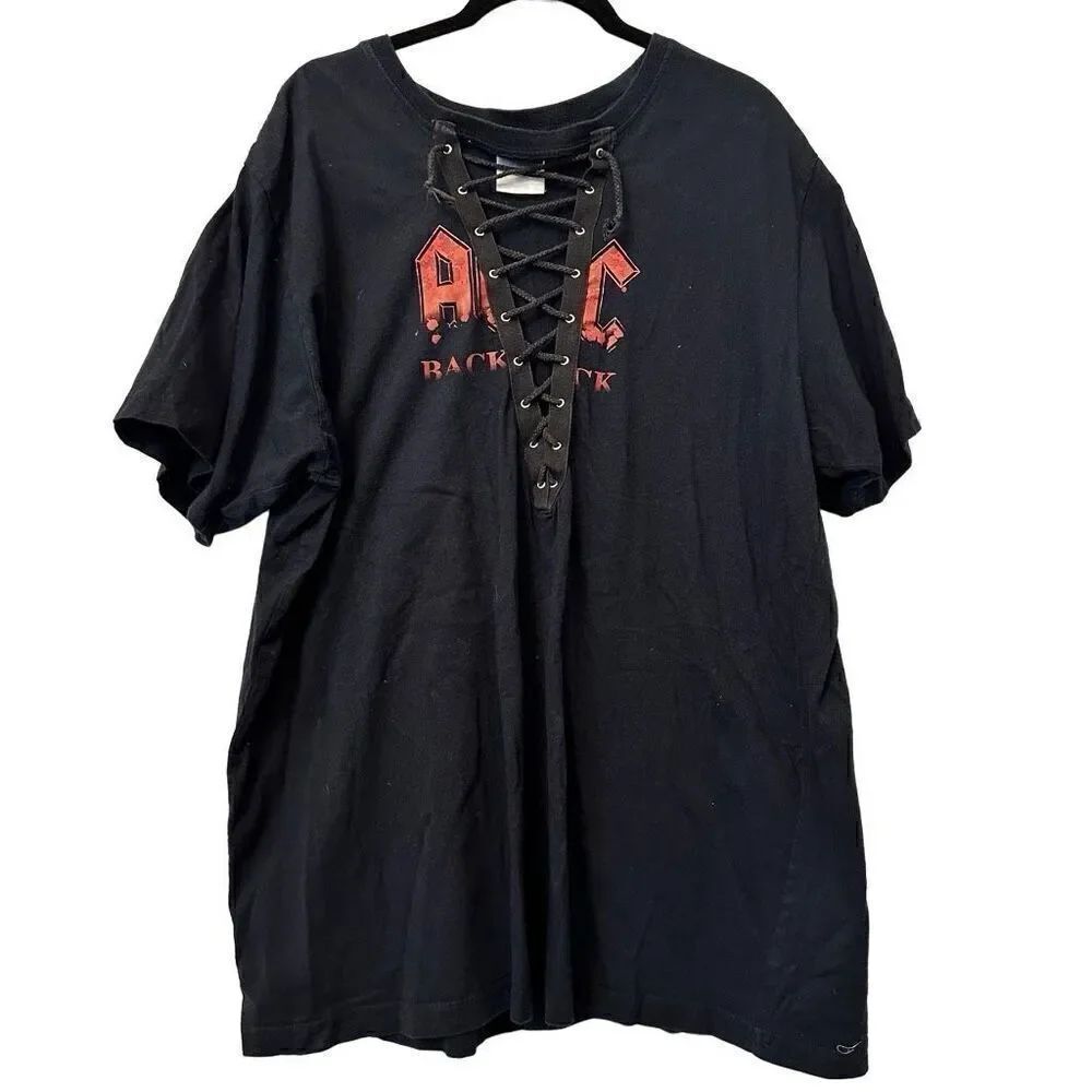 AC/DC Lace Front Cotton Crew Neck Short Sleeve Graphic T-Shirt Black Size XL